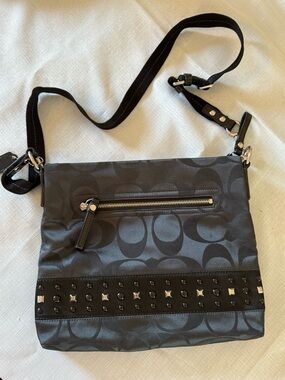 Black Signature Pattern Crossbody Bag with Studded Trim